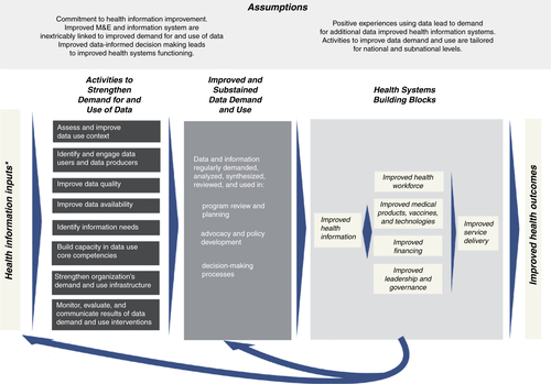 Fig. 1 Conceptual framework: intervention to strengthen the use of health data in decision making (Citation1, Citation7).*Defined as processes by Health Metrics Network. †The data demand and use approach broadly defines an organization as a division of the ministry of health at the national, state, or district level; a specific program within the ministry; or non-governmental organization or program.