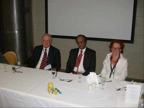 Figure 2. From left to right: Professor Lattermann who gave the Ben Sturgeon Lecture, Professor Sadashiva who received the 2009 George W. Gray Medal and Dr Susanne Klein of the organising committee.