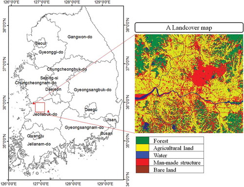 Figure 1. Study area and a land cover map. For full color versions of the figures in this paper, please see the online version.