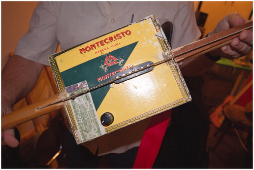Figure 3 Nig’s one-string cigar box bass made with a broom handle.