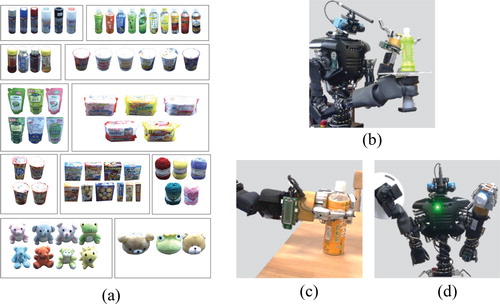 Figure 2. Object concept formation in a robot: (a) objects used in the experiment, and obtaining visual, haptic, and auditory information by (b) observing, (c) grasping, and (d) shaking objects.