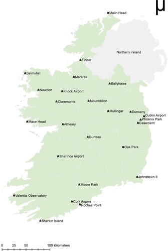 Figure 4. Available data for 25 meteorological weather stations; coordinate system: the Irish national grid, data source Met Éireann (Citation2020a).