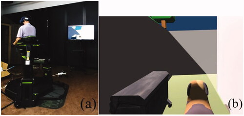 Figure 4. (a) The experiment apparatus in the walk-in-place environment. The monitor shows the surrounding environment according to the direction the participant’s head is facing so that the researcher can check the current status. (b) The scene in the monitor. The participants cannot see this scene because they are blind-folded.
