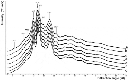 Figure 6. X-ray diffraction patterns of jicama starch sonicated for different times. (a) control sample; b-g: sonicated samples; (b) 10 min; (c) 20 min; (d) 30 min; (e) 45 min; (f) 60 min; (g) 90 min.Figura 6. Patrones de difracción de rayos X del almidón de jícama sonicados a diferentes tiempos. (a): muestra de control; b-g: muestras sonicadas; (b) 10 min; (c) 20 minutos; (d) 30 min; e) 45 min; (f) 60 minutos; (g) 90 min.