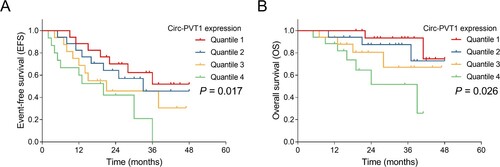 Figure 3. Circ-PVT1 expression correlated with EFS and OS in AML patients. Comparison of EFS (A) and OS (B) among four subgroups divided according to the quartiles of circ-PVT1 expression as follows: 0-25th, 25th -50th, 50th -75th and 75th -100th quartile of circ-PVT1 expression was classified as quartile 1, quartile 2, quartile 3 and quartile 4 group, respectively. PVT1, plasmacytoma variant translocation 1; AML, acute myeloid leukemia; EFS, event-free survival; OS, overall survival.