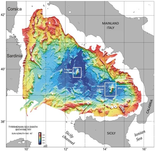 Figure 2. Multibeam, depth colour-coded, shaded relief bathymetric map of the Tyrrhenian Sea back-arc basin. The white boxes enclose the three large seamounts of the basin which are detailed in Figure 2.