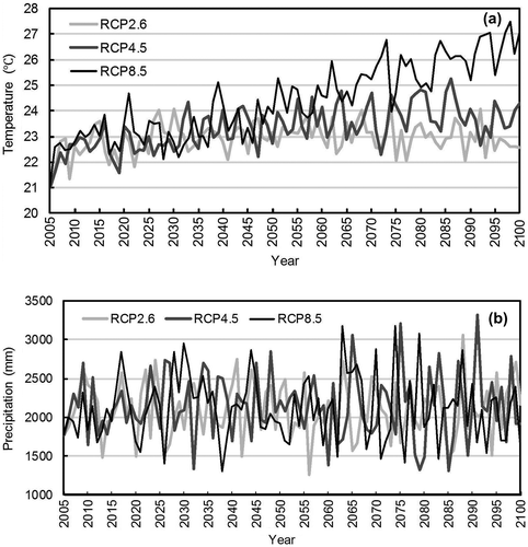 Figure 6. Model projections of (a) temperature and (b) precipitation in the Pearl River Delta under Representative Concentration Pathway (RCP) scenarios 8.5, 4.5 and 2.6 to the year 2100.