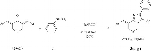 Scheme 1. Synthesis of 7-benzylidene-2,3-diphenyl-3,3a,4,5,6,7-hexahydro-2H-indazole derivatives.