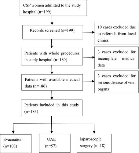 Figure 1 Patient flowchart.Abbreviations: CSP, cesarean scar pregnancy; UAE, uterine artery embolization.