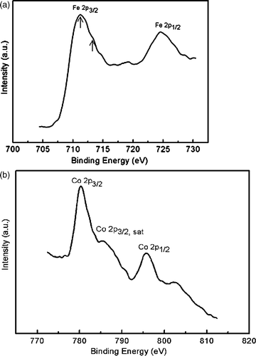 Figure 2. The XPS core spectra of (a) Fe and (b) Co.