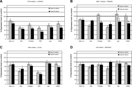 Figure 3 Modulation of protein expression of signal transduction molecules in case-derived cell cultures treated with pharmacological inhibitors: LY294002 (A), PD98059 (B), U0126 (C) and SB203580 (D).