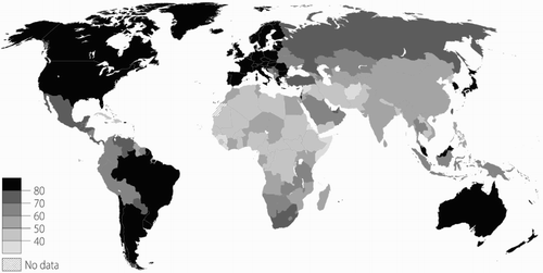 Figure 3. Migration ability illustrated through a travel freedom index. The index estimates the percentage of countries to which a citizen of each country would be able to travel. It is based on the assumption that half of the countries where a visa is required (Henley & Partners Citation2015) can be accessed with a likelihood equal to the average nationality-specific acceptance rate for visa applications to the Schengen Area (European Commission Citation2016) and the United States (US Department of State Citation2016), while the other half remains inaccessible. The rationale for the latter point is that the greatest barriers are often posed by the requirements for launching a complete application in the first place.