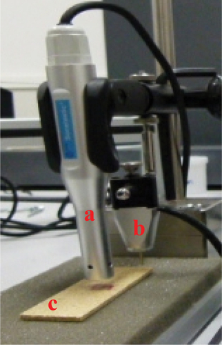 Figure 1. Sonic test set-up: (a) Acoustic sensor model CADPS, (b) IED Automatic impulse device, (c) specimen.