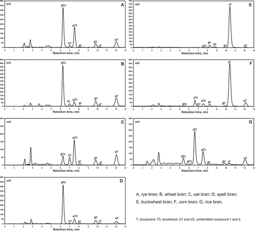 FIGURE 1 Chromatograms of tocopherols (Ts) and tocotrienols (T3s) in different types of bran.
