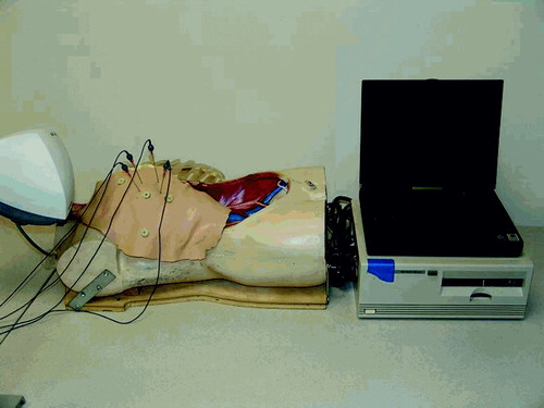 Figure 5. Respiratory phantom showing dummy torso with rib cage and skin, along with the control interface and a laptop computer. [Color version available online.]