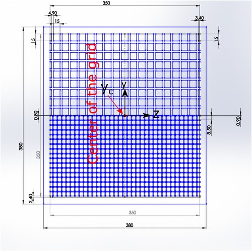 Figure 2. Geometrical configuration of the grid, which generates the shear layer. The upper (ML=19.9mm) and lower (MS=10.2mm) parts of the grid have a different solidity (43% and 30%, respectively. All dimensions are in mm.)