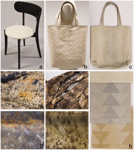 Figure 2 Various changes in expression. (a, b, and c) prototypes before and after use. (d, e, f, and g) plain samples after 2 months underwater and buried underground. (h) different color schemes placed in opposition to each other in the triangle pattern after two different treatments.