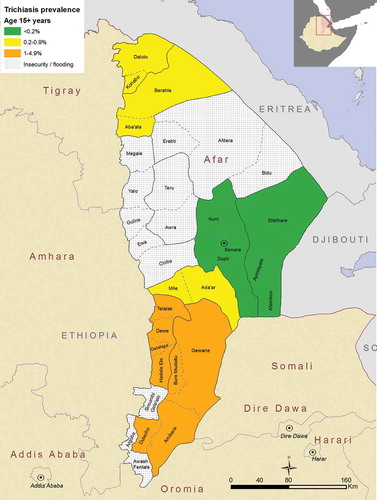 Figure 3. Prevalence of trichiasis in those aged 15 years or greater, Global Trachoma Mapping Project, Afar, Ethiopia, 2013.