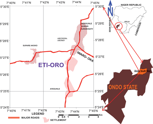 Figure 1. Road map of Akoko Southwest local government of Ondo State. Inset: location map of Nigeria and Ondo state.