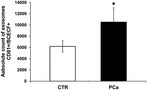 Figure 5. Nanoscale flow cytometry of plasma exosomes in PCa and CTR for intraluminal pH evaluation. The cytometer was calibrated using a mixture of non-fluorescent silica beads and fluorescent (green) latex beads with sizes from 110 nm to 1300 nm. The exosome preparation derived from plasma of 8 PCa patients and 8 CTR were stained 20 min at RT with anti-CD81 antibody and BCECF AM (10 µM) and analysed using flow cytometry. The double-positive events were then analysed for their size, based on the calibration with beads. Cumulative data are shown of the absolute number of CD81+/BCECF + exosomes of size less than 180 nm recovered from the plasma samples. Data are expressed as means ± SE. The p values was <.1 in PCa plasma exosomes compared to CTR. *p < .1.