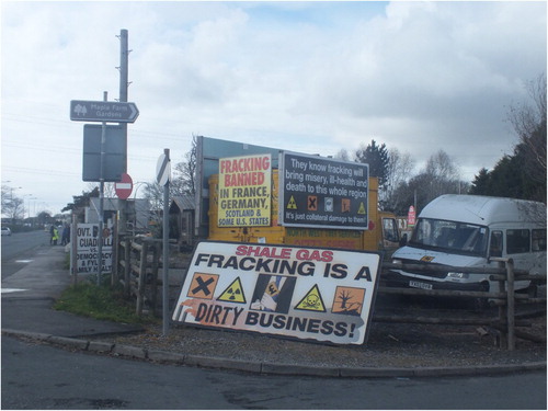 Figure 4. Anti-fracking signs at the junction of the A583 and Moss House Lane, near Cuadrilla’s Preston New Road site, April 2019.