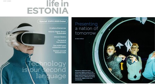 Figure 1. Cover plus page 9 from a special issue of Life in Estonia about EXPO 2020. Photos: Sirli Raitma, Aron Urb. Figure 1.1 Sirli Raitma. A photograph showing an old lady with a tracksuit jacket wearing a VR-helmet with the text “Technology is our second language”. Figure 1.2 Aron Urb. Photograph of children throwing paper airplanes from a round window with the text ‘Presenting a nation of tomorrow’.