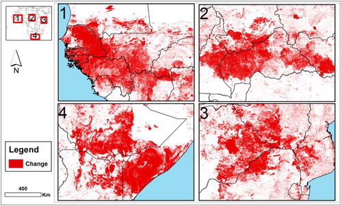 Figure 15. Spatial patterns of land cover changes across Africa for four selected close-ups within 2000–2010 are represented in red colour (colour online only).
