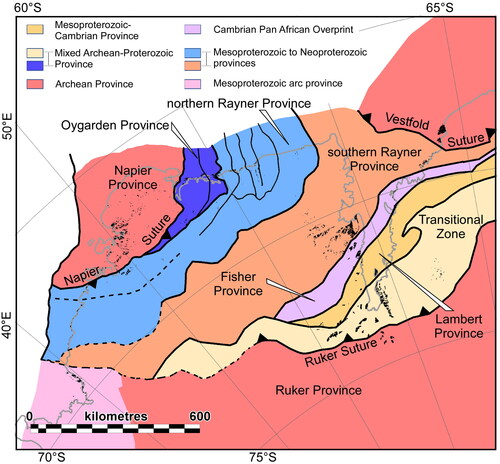 Figure 7. Tectonic element map interpretation of the geophysical data showing the location of the major province boundaries and the interpreted suture zones at the boundaries of the Archean provinces. The tectonic element map reveals that the Meso- to Neoproterozoic provinces form a series of linear to curvilinear belts.