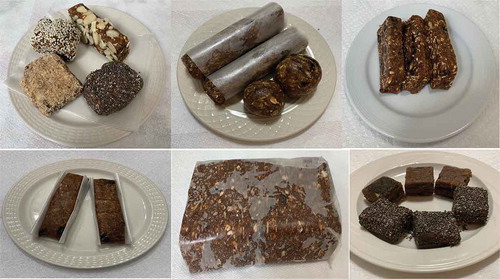 Figure 1. Date nutrition bars with different formulations and coating ingredients.