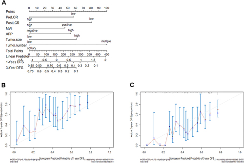 Figure 7 Nomogram of the combined prognostic model for disease-free survival (DFS) in patients with hepatocellular carcinoma (A). Calibration curves of the combined prognostic model for (B) 1-year and (C) 3-year DFS.