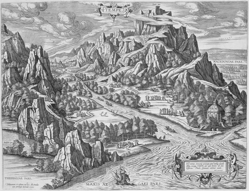 Figure 16 Abraham Ortelius's copperplate version— delineatum et editum auctore Ab. Ortelio, 1590—of the view of Tempe in Nicolaus Gerbel's In descriptionem Graeciae Sophiani praefatio (Basel, Johannes Oporin, 1545), p. 48 (see Fig. 15). From the Parergon (Antwerp, C. Plantin, 1595). (Reproduced with permission from the Gennadius Library, The American School for Classical Studies, Athens, Φ50, p. 68.)