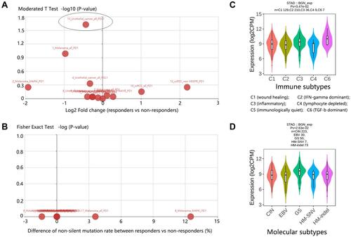 Figure 7 Comparison analysis on BGN expression. (A) Expression difference between responders and non-responders. Points in the above scatter plot represent the expression difference of BGN in various data sets. Oval marker: dataset showing statistical significance. (B) Mutation difference between responders and non-responders. Points in the above scatter plot represent the mutation difference of BGN in various data sets. (C) Expression difference based on immune subtypes in STAD. (D) Expression difference based on molecular subtypes in STAD.