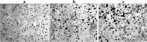 Figure 6. Example droplet images from nozzle 1 for 1 mPa.s (a) 5 mPa.s (b) and 30 mPa.s (c), at an atomization pressure of 30 bar. (Image “a” and “b” are taken at 2 cm while image “c” is taken at 4 cm from the nozzle tip).