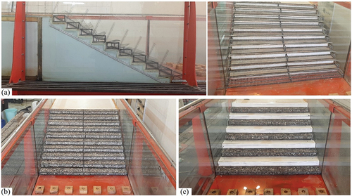 Figure 3. The placement of gabion steps on the steps; (a) side view; (b) gabions on all steps; (c) gabions on every other step.