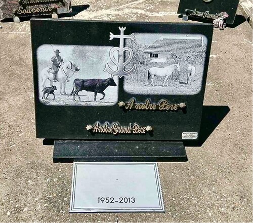 Figure 4. Personalized plaque representing the deceased in two photographs jointed by a Camargue cross: one represents the deceased on a Camargue horse tending to the bulls, the second, a couple of Camargue horses. The plaque reads “To our father. To our grandfather.” Photo copyright author.