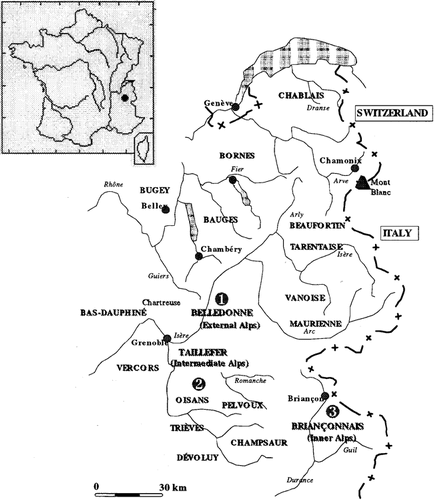 FIGURE 1. The study sites in the northwestern Alps: (1) “Belledonne” (external Alps), (2) “Taillefer” (intermediate Alps), (3) “Briançonnais” (inner Alps)