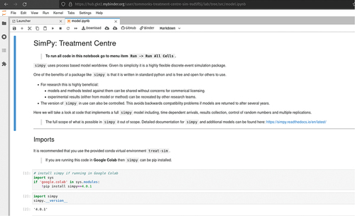 Figure 3. Simulation model and Jupyter lab running in Binder.