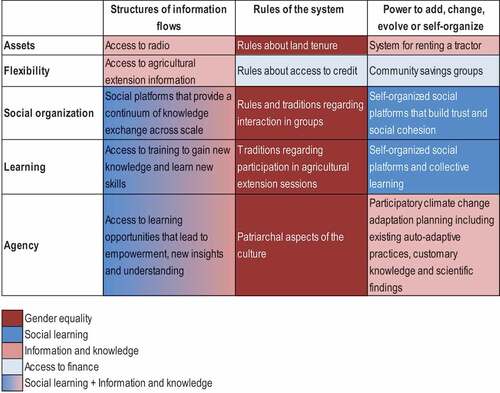 Figure 4. Relation between the four generic leverage points for adaptive capacity and the 15 place-specific identified case study leverage points. Dark red = gender equality, dark blue = social learning, light red = information and knowledge, light blue = access to finance. Note the mix of dark blue and light red colour to mark that the leverage point speaks to both social learning and information and knowledge. Gender has a role in all leverage points despite not being explicitly marked in each cell. The figure builds on the conceptual work of Cinner et al. (Citation2018) for adaptive capacity to climate change and the conceptual work of Abson et al. (Citation2017) for leverage points.