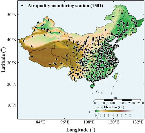 Figure 1. Spatial distribution of the discrete O3 monitoring network conducted by the China National Environmental Monitoring Center (CNMEC). (Elevation was derived from consortium for spatial information of the US geological survey).