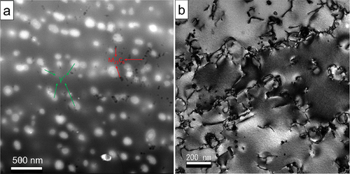 Figure 2. Microstructure of 700°C/165MPa crept condition after 34220h of creep (gauge section); a) γ’ and M23C6 precipitates; b) dislocation interaction with γ’ (climb and Orowan mechanism).