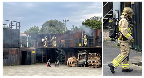 Figure 1. The image on the left shows a multi-component training exercise at the Lancashire Fire and Rescue Service Training Centre. This training building consists of steel shipping containers and during the training exercise the firefighters move through the structure which has been set alight in a controlled manner. Firefighters not undertaking the training monitor the situation at all times. The right-hand image shows personal protective equipment and breathing apparatus worn during the live-fire training.