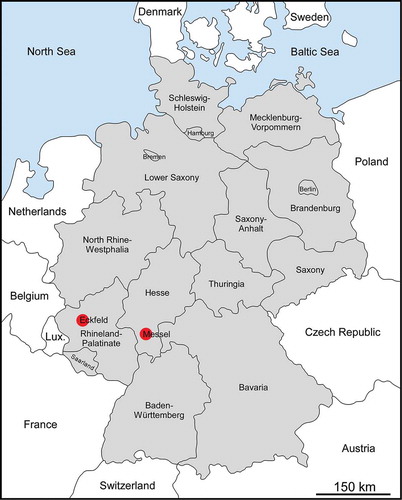 Figure 1. Map of Germany indicating the positions of Eckfeld (50° 6′ 56″ N, 6° 49′ 7″ E) and Messel (49° 55′ 3″ N, 8° 45′ 24″ E).