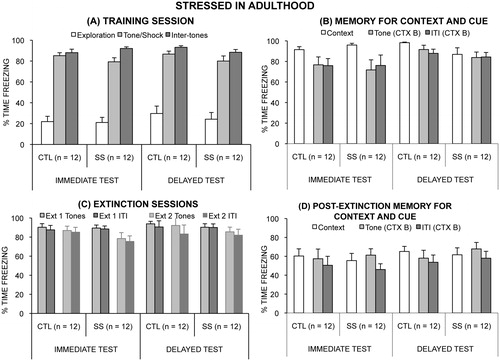 Figure 4. Mean (+/− SEM) time spent freezing in the stressed in adulthood experiment during (A) the first test day, in which fear was conditioned, (B) the memory test days (context on the second and cue on the third test day), (C) the two extinction sessions on the fourth day, and (D) the memory for extinction test days (context on the fifth and cue on the sixth test day).