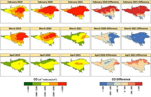 Figure 6. Spatial distribution of tropospheric CO column density during February–April from 2019- 2021 and difference maps with 2019.