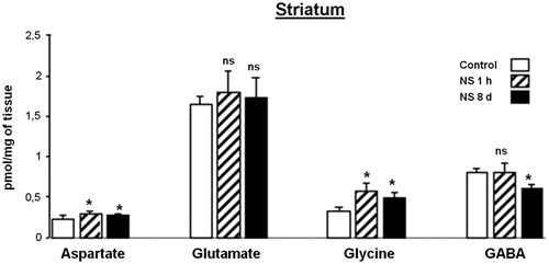 Figure 2. Effect of Nigella sativa methanolic extract on neurotransmitter amino acid levels in the rat striatum after 1 h and 8 days of treatment. Data in pmol/mg of tissue are presented as mean ± SEM of five animals per group assayed in triplicate. Statistical significances are given regarding to the corresponding control: ns = no significant and *p < 0.05.