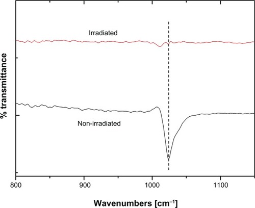 Figure 7 Infrared spectra of (A) irradiated and (B) nonirradiated iron–platinum nanoparticles showing a peak in the fingerprint region at 1024 cm−1.