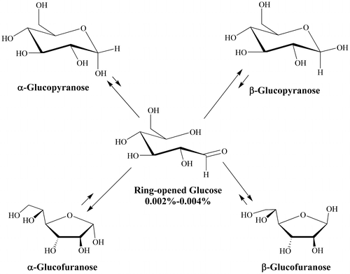 Figure 1. The five interconverting isomers of glucose observed in aqueous media.