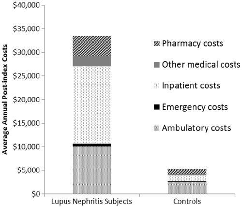 Figure 2.  Average annual component costs of lupus nephritis subjects and matched controls (2003–2008).