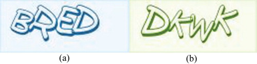 Figure 2: Two examples of Tencent CAPTCHAs. (a) “BRED” (b) “DKWK”