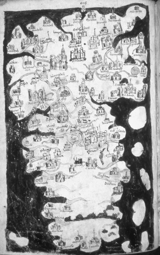 Fig. 7. Totius Britanniae Tabula Chorographica. British Library, MS Harley 1808, fol. 9v. Manuscript. 23 × 15 cm. South at the top. A relatively large number of places can be associated with the city of York, itself marked here by an exaggeratedly large pictorial sign. It is likely that the walled city represented in bird's-eye view on folio 45v in the same manuscript is also York, and the two illustrations may be linked. For the geographical errors common to the Totius Britanniae map and the Gough map, see Figure 8. (Reproduced with permission from the British Library, London.)